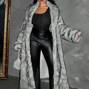 Grey Women's Plus Size Fluffy Long Coat